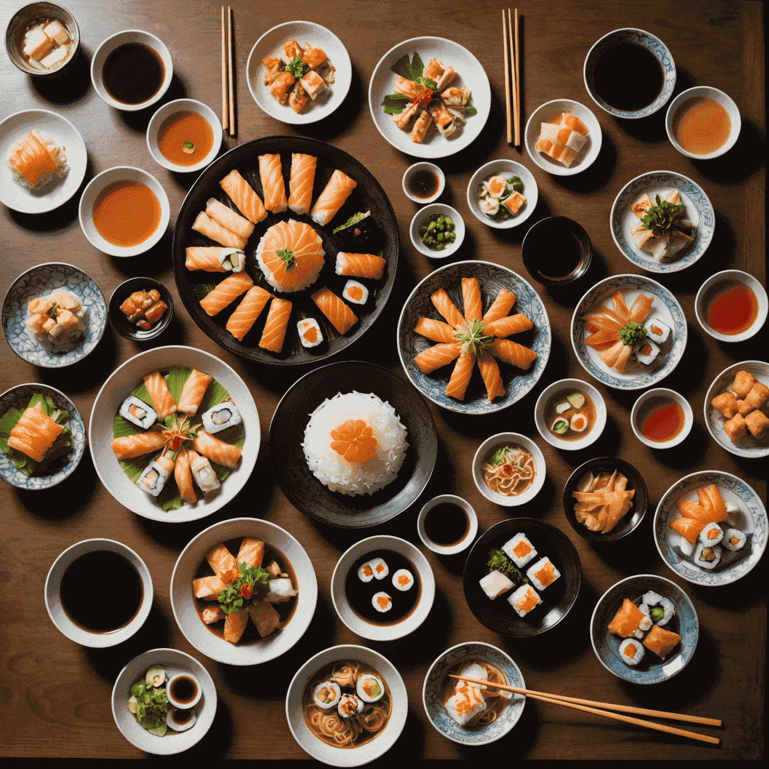 日本の伝統的な料理が並んだテーブル。寿司、天ぷら、ラーメン、焼き鳥などが美しく配置されている。