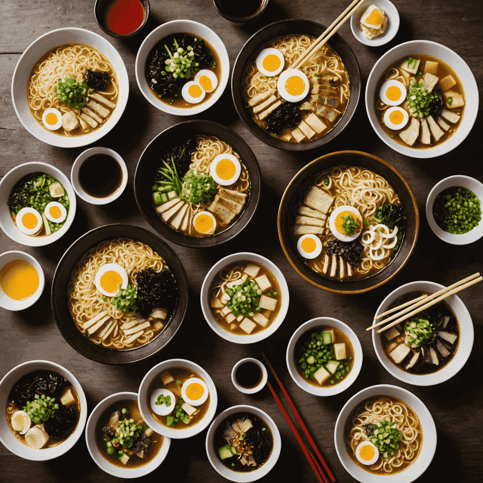 様々な種類のラーメンが並んだ豪華な写真。醤油、味噌、塩、豚骨など、異なるスープベースのラーメンが見える。トッピングには、チャーシュー、味付け卵、海苔、メンマ、ネギが含まれている。