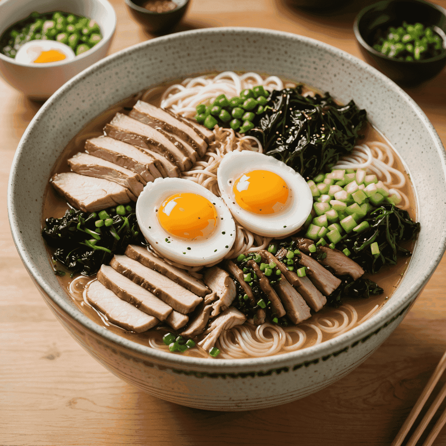 スチーミングな豚骨ラーメンのボウル。トッピングには焼豚、味付け卵、ネギ、海苔が乗っている。