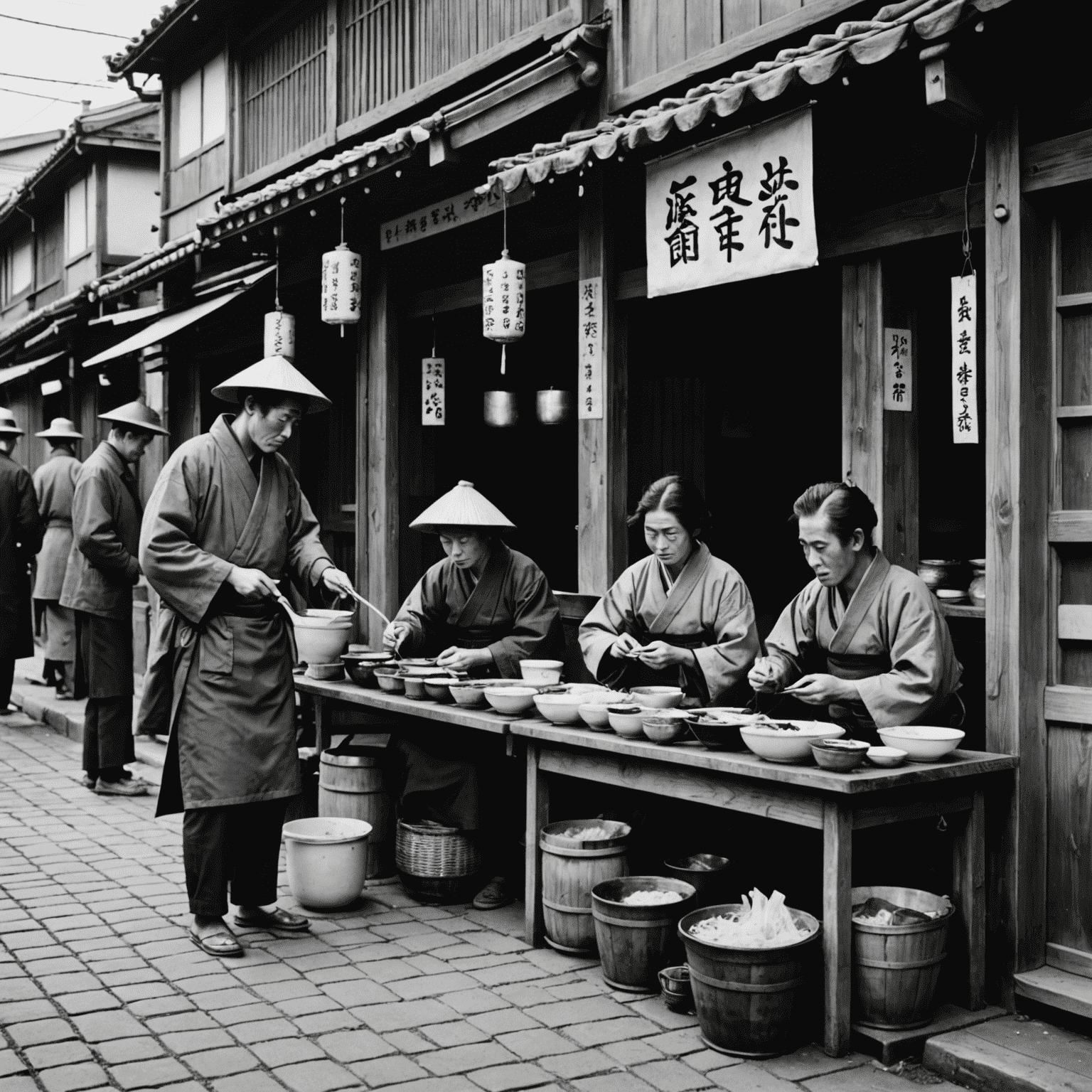 古い日本の街並みの中で、屋台でラーメンを食べる人々の様子。昭和初期の雰囲気が漂う黒白写真風のイメージ。