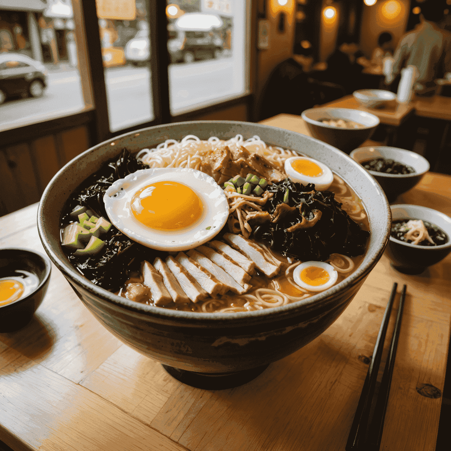 スチーミングな豚骨ラーメンのボウル。トッピングには焼豚、味付け卵、ネギ、海苔が見える。背景にはラーメン屋の賑やかな雰囲気が感じられる。