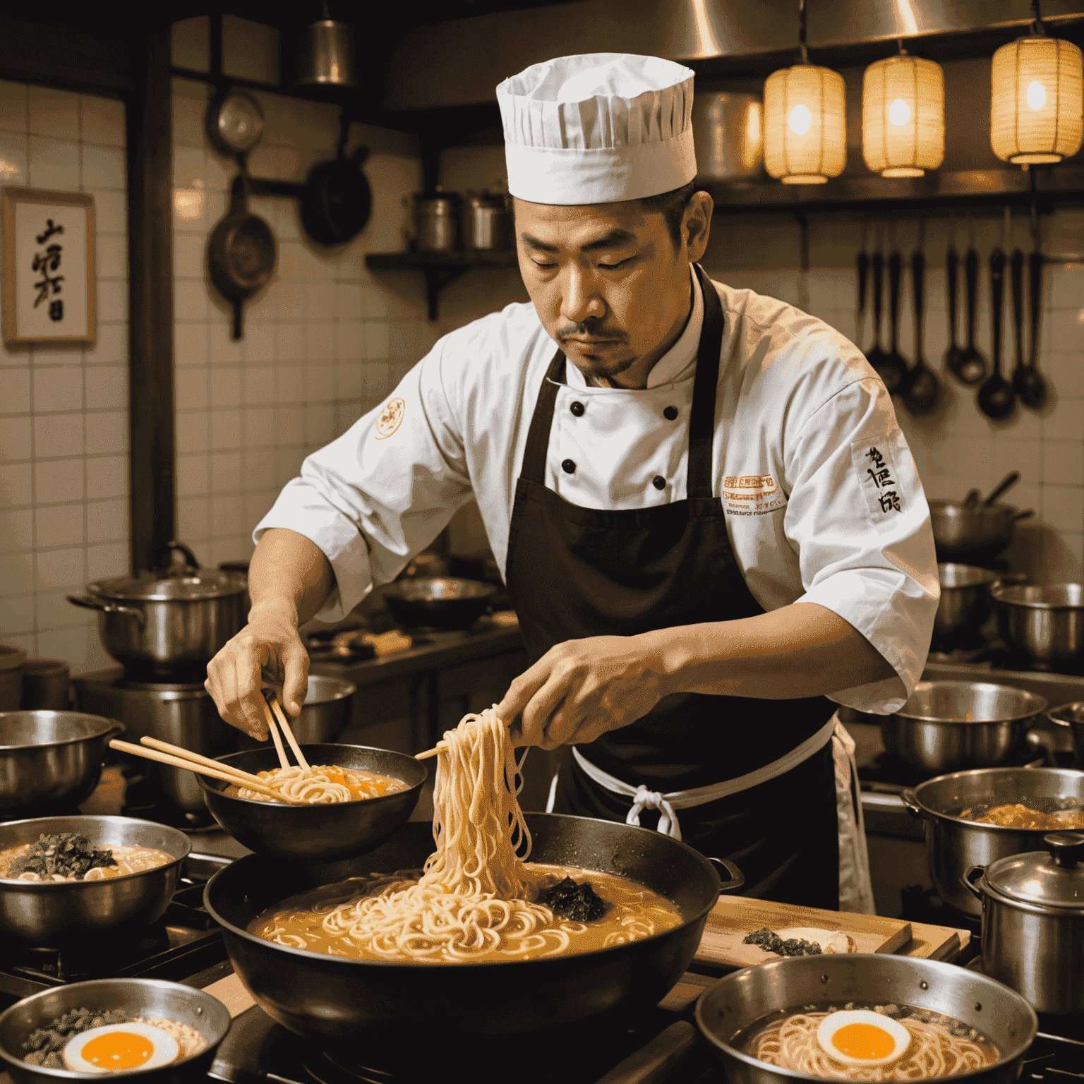 ラーメン職人が丁寧にラーメンを作る様子。蒸気の立ち上る大きな鍋でスープを煮込み、手打ち麺を茹でている。真剣な表情で作業に集中している。